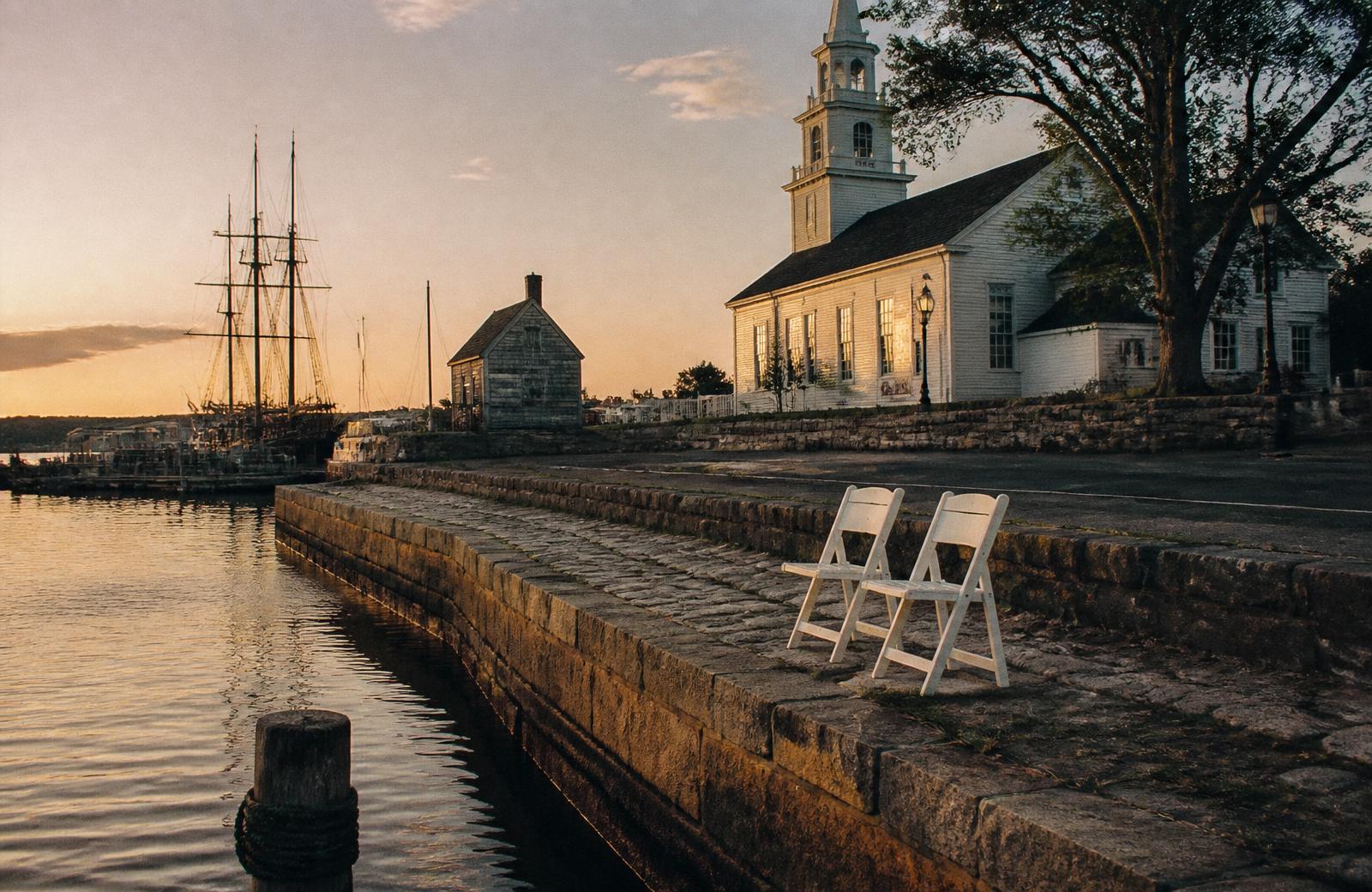 Bride and groom on a stone harbor wall beside a white steepled church in Mystic Connecticut at sunset.