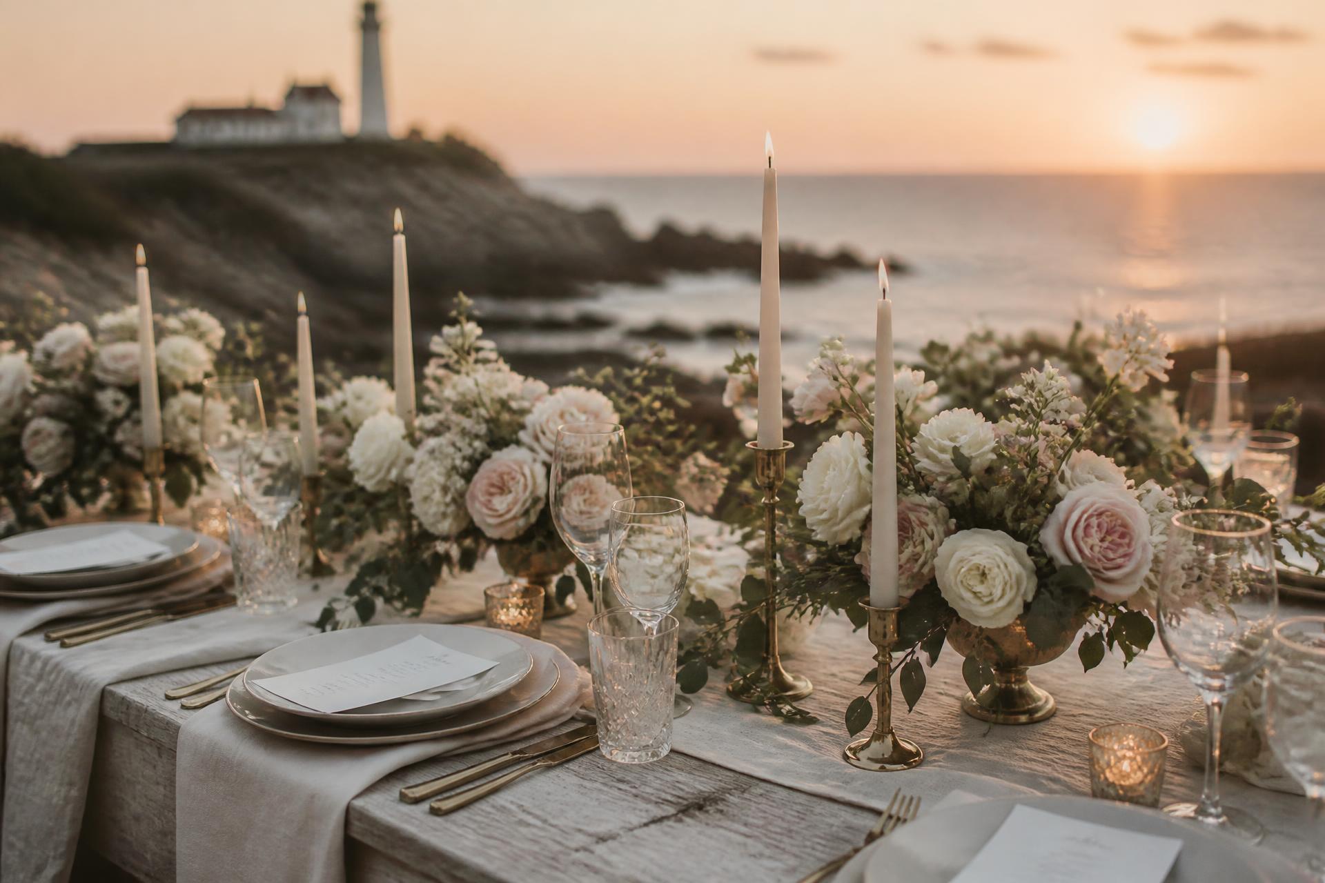 New England coastal wedding at sunset with candlelit tablescape and garden roses.