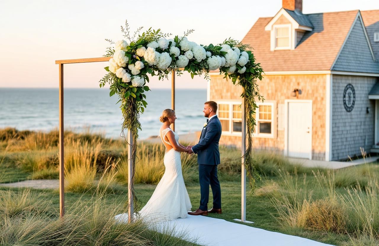 Wedding ceremony arch of white hydrangeas overlooking the Atlantic at a Cape Cod cottage at sunset.