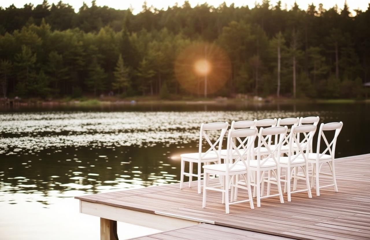 White ceremony chairs on a wooden dock at a New Hampshire lake at golden hour.